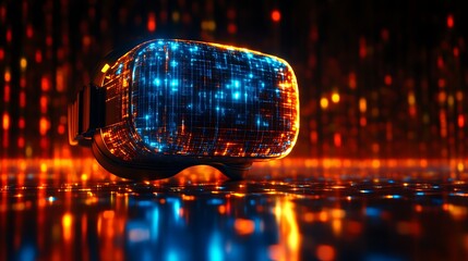 VR headset with glowing circuitry on dark background.