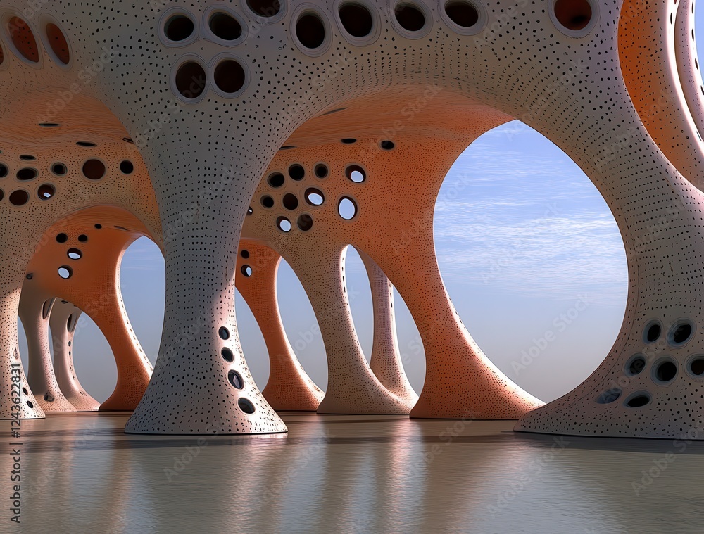 Fototapete abstract architectural rendering of a porous, organic structure reflecting in calm water under a pal