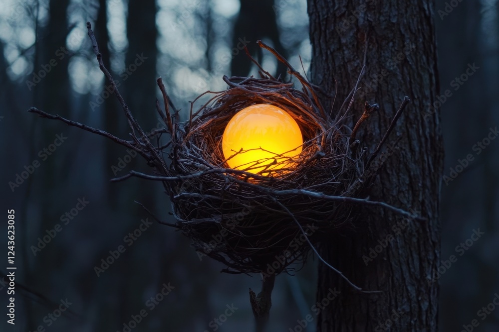Poster magical glowing orb nestled in a rustic tree branch nest at dusk