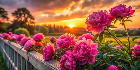 Obraz premium Silhouette of Pink Peonies Against Silver Moss Fence at Sunset