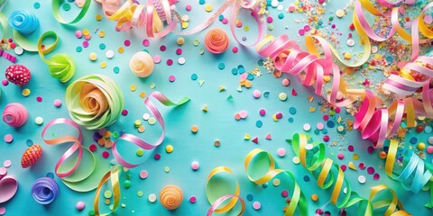 Fototapeta premium Joyful Celebration Colorful Ribbons, Confetti, and Festive Decorations on a Bright Background