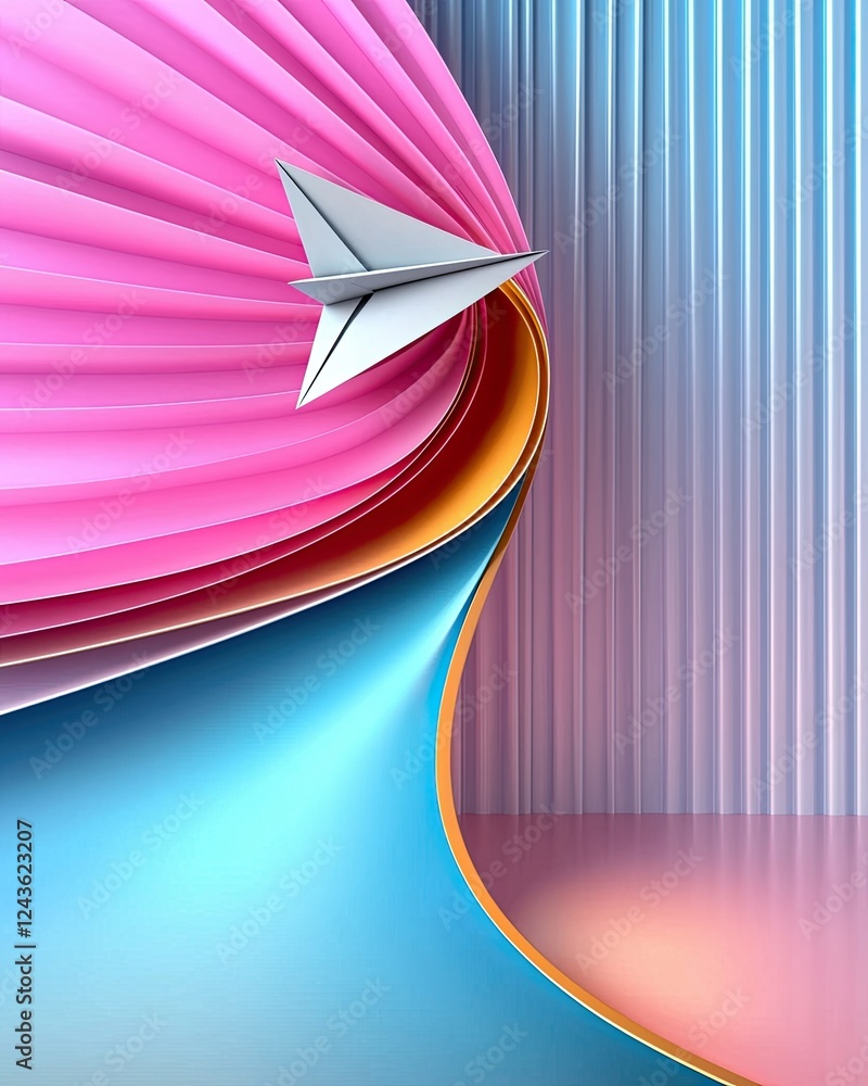 Poster a vibrant paper airplane soaring upwards against a colorful background of curved and layered soft pa