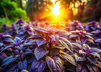 Silhouette of Purple Basil Plants in a Garden Bed at Sunset