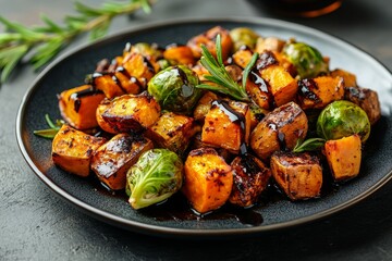 Roasted sweet potatoes & Brussels sprouts, balsamic glaze