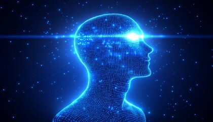 Digital Human Head Profile With Circuit Board, Binary Code, and Glowing Eyes on Blue Background