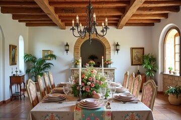 Fototapeta premium An elegant dining room is adorned with a stunning Easter table centerpiece made of flowers, eggs, and candles. The backdrop features colorful table linens. Mediterranean Interior Style.