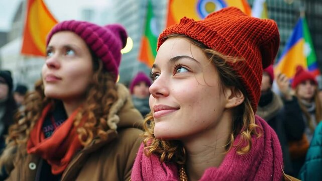 Feminism protest in a city center with participants wearing colorful hats and scarves on a chilly day