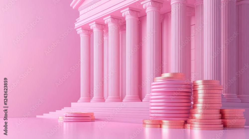 Poster a stylized pink building with columns and stacks of coins, creating a modern and vibrant financial t