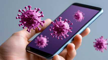 hand holding smartphone with screen displaying digital virus particles, symbolizing concept of digital threats or viruses. image highlights importance of cybersecurity in digital age