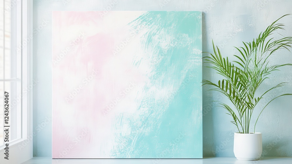 Poster minimalist canvas art with soft pastel colors placed against a textured wall in a bright indoor spac