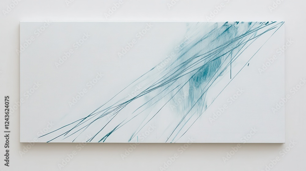 Poster Muted teal pencil strokes create abstract expression on a white canvas in a minimalist space