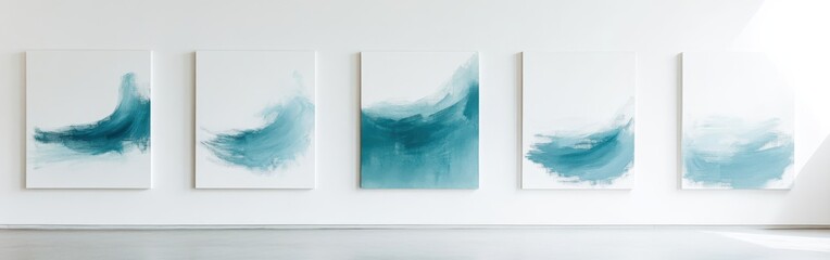 Muted teal pencil on white canvas highlights minimalist art in a contemporary gallery setting