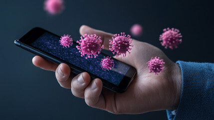 hand holding smartphone with digital viruses emerging from screen, symbolizing cybersecurity threats and digital infection