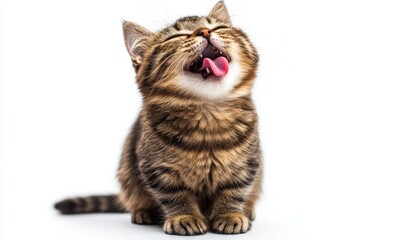 Cute and Playful Cat with Closed Eyes and Tongue Out, Capturing a Joyful Moment of Feline Happiness on a White Background