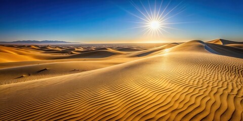 Naklejka premium Golden Sandscape at Sunset Undulating Dunes and a Radiant Sun