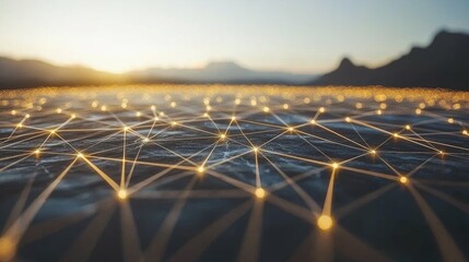 Futuristic particle connection network with interconnected glowing particles, signifying high-speed data transfer, digital communication, and the digital ecosystem of the future.