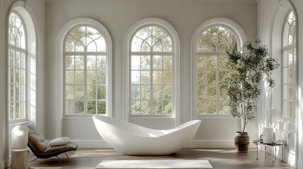 Luxurious white bathtub in a sunlit, classical room with garden views