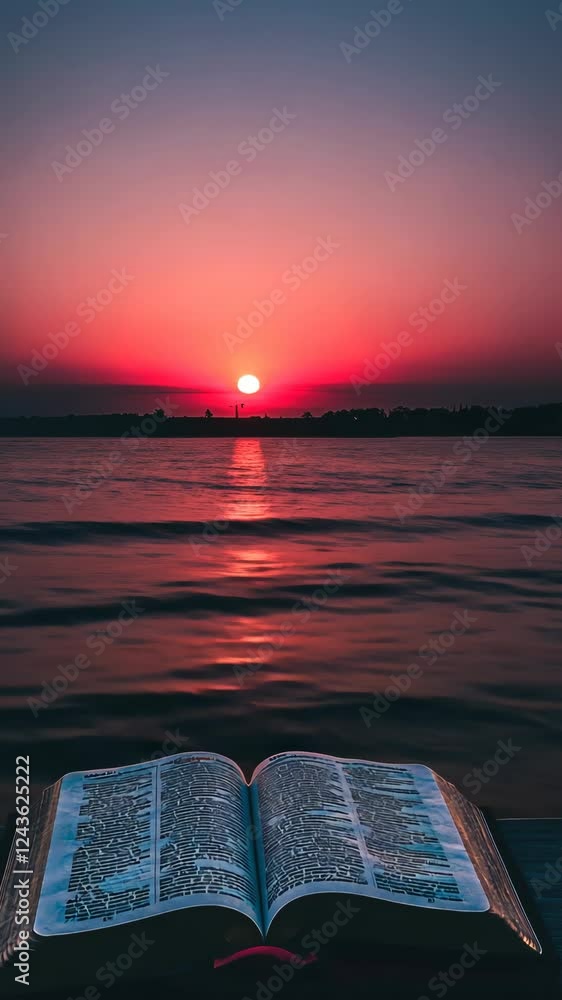 Poster sunset reflection over a serene body of water with an open book resting at the foreground