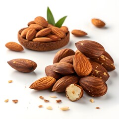 Fresh Almond Nuts and Chocolate Pieces on White Background
