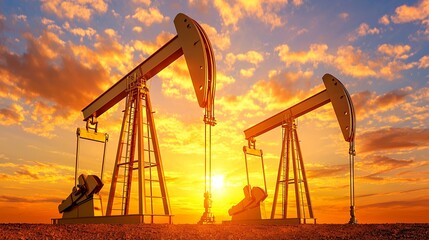 Silhouetted Oil Pumps at Sunset Fiery Sky and Brown Earth