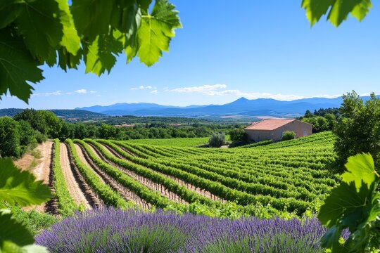 Provence Vineyard Sunset Lavender - Idyllic vineyard rows, sunset glow, lavender field, French countryside, peaceful serenity.