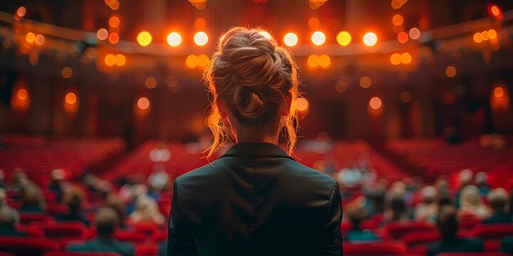 Mujer rubia de espaldas a punto de dar una platica en un auditorio