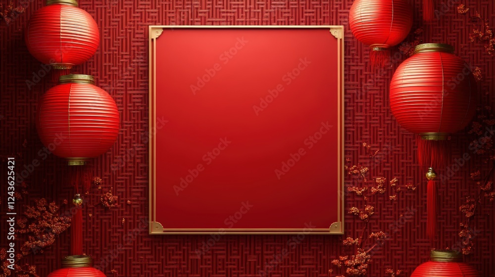 Aufkleber elegant red asian design template with decorative lanterns and a blank frame for custom graphics or 