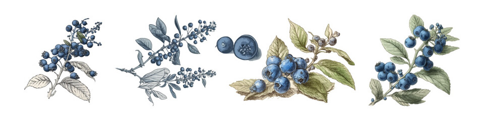 Set of blueberry branch. Hand drawn berry illustration.