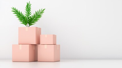 Pastel Pink Cardboard Boxes With Green Plant On White Background
