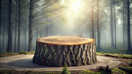 Serene Forest Stump Display A Natural Wooden Surface in a Misty Woodland Setting