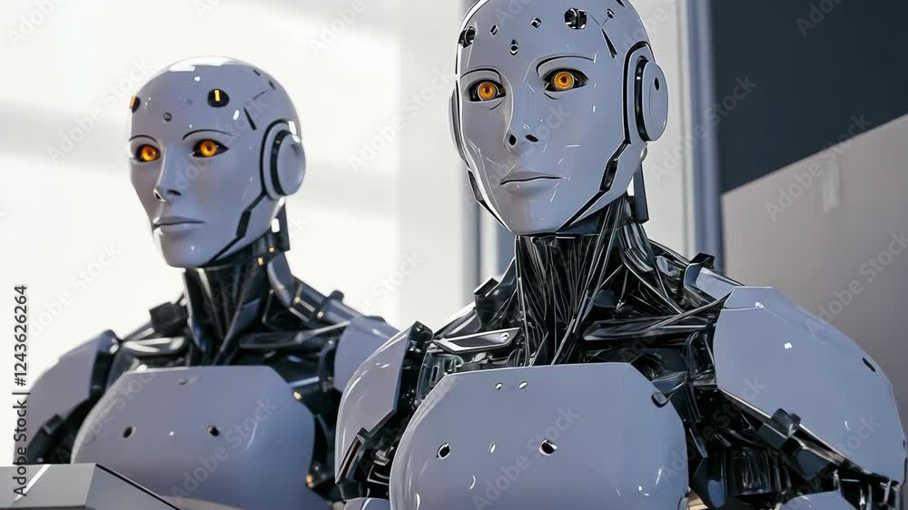 Poster advanced humanoid robots showcasing artificial intelligence capability in a technology demonstration