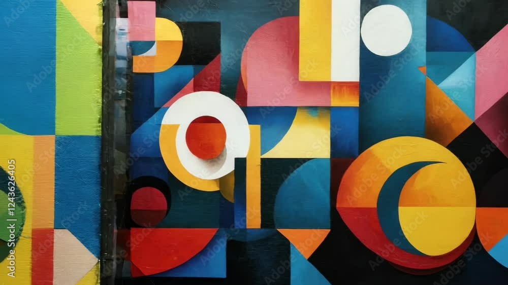Poster colorful geometric shapes transition with dynamic movement and abstract patterns