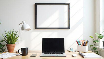Minimalist home office desk setup with laptop, blank picture frame, indoor plants, natural sunlight workspace, modern productivity background