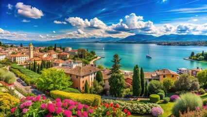Panoramic view of Desenzano del Garda on a sunny day with the lake and surrounding hills, featuring lush greenery and vibrant flowers, italy landscape, hilltop village
