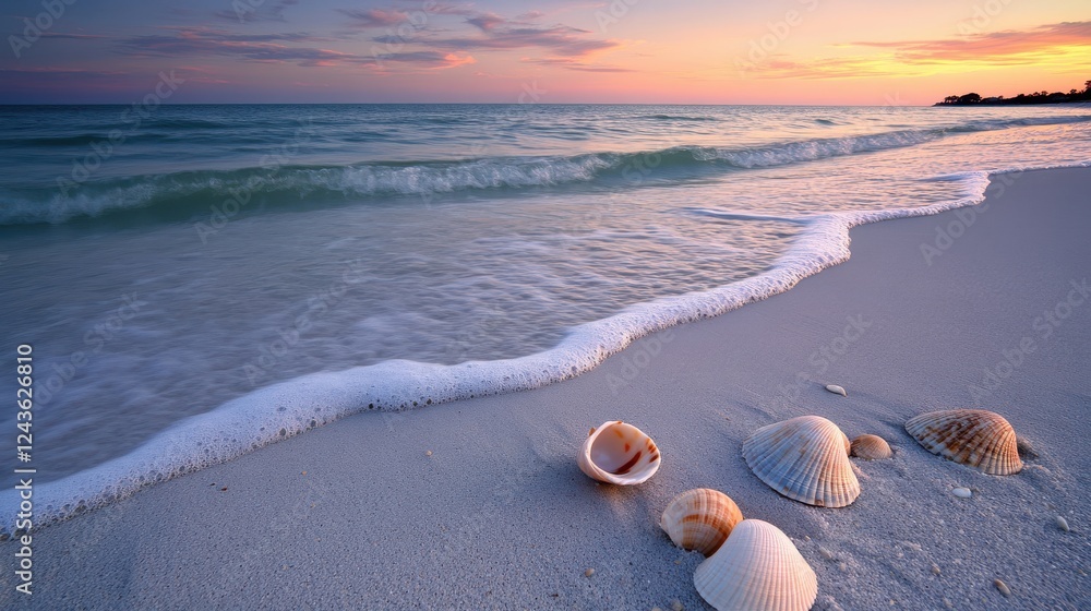 Poster serene dawn at a tranquil beach with gentle waves lapping at seashells along the shore