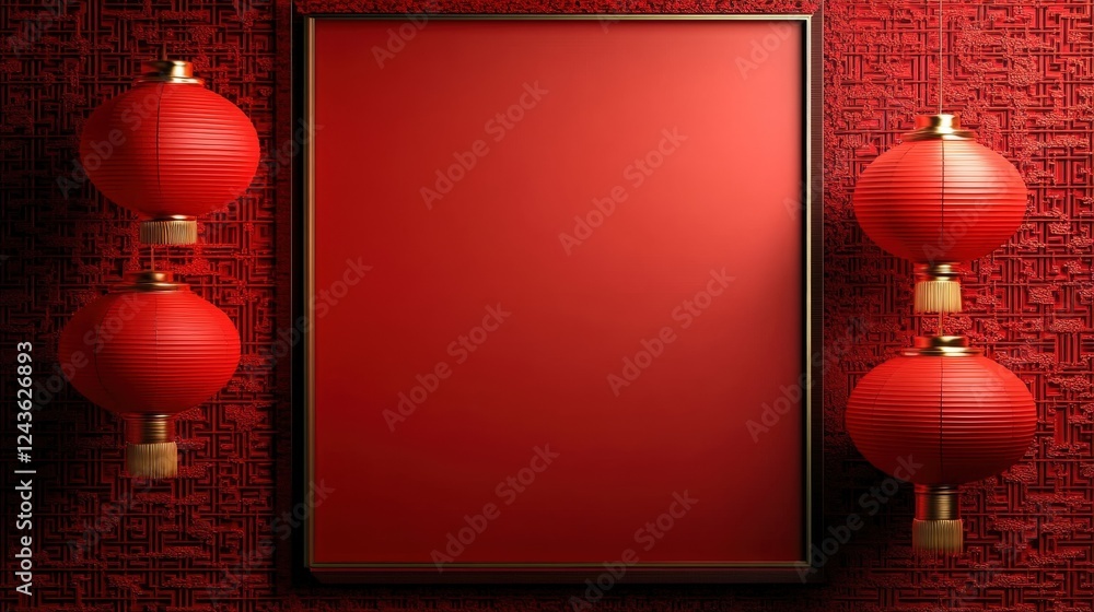 Aufkleber elegant red background with decorative lanterns and empty frame for asian-themed design templates