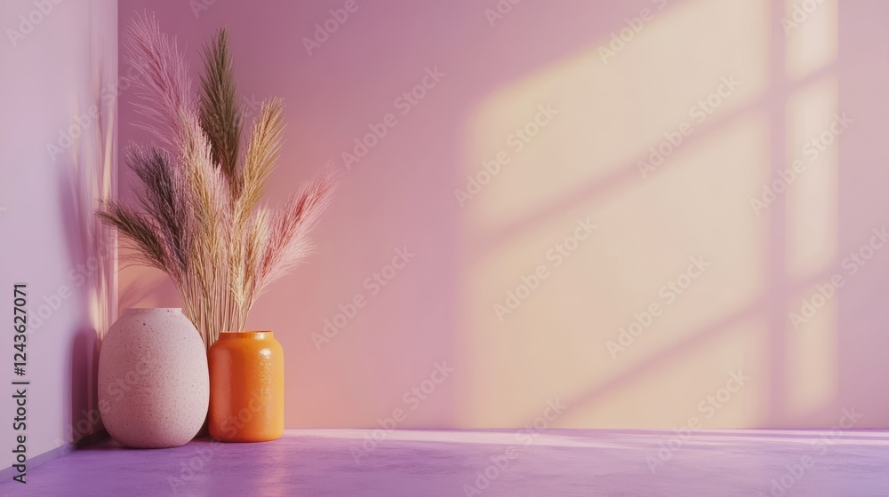 Poster beautiful minimalist arrangement of vase and dried plants against a softly colored backdrop in a ser