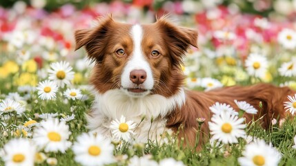 Dog in Flower Meadow, Spring Day, Happy Pet