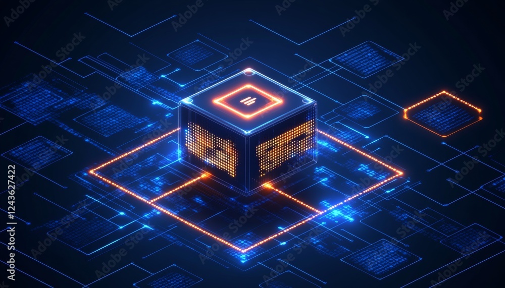 Poster futuristic cube on circuit board abstract technology concept with vibrant colors and structure.