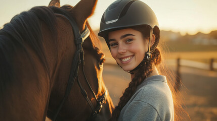 A young woman in equestrian gear smiling with her horse at sunset in the countryside