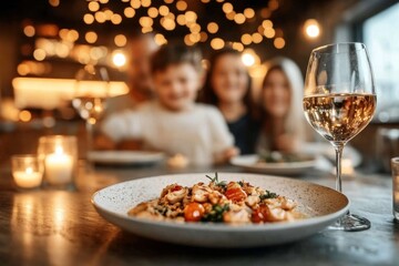A family enjoying a meal at a restaurant after redeeming a food voucher