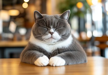 Cute gray cat with white paws resting calmly on a wooden table in a cozy cafe environment with warm lighting and blurred background