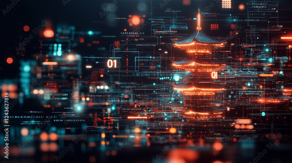 Poster digital pagoda: a mesmerizing digital rendering of a traditional japanese pagoda, intricately woven 