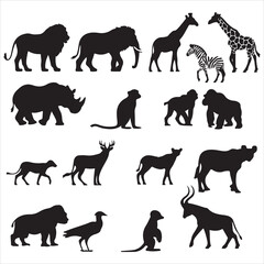 set of black vector various safari animals silhouette