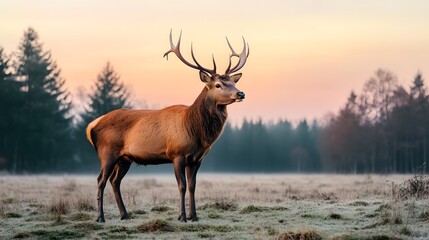 Fototapeta premium Majestic Raindeer Standing in Misty Morning Meadow with Sunrise Forest Backdrop