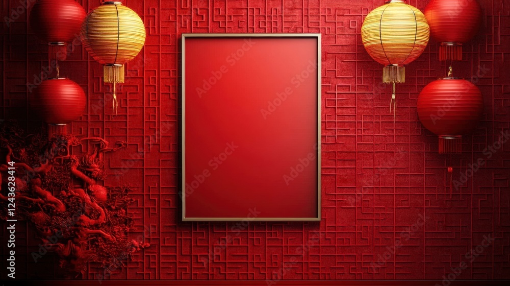 Aufkleber vibrant red background with decorative lanterns and blank frame for custom asian-themed design proje