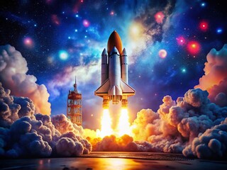 Obraz premium Spaceship Launch at Night with Bokeh Lights - Dramatic Stock Photo