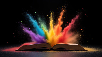 open book with vibrant colors exploding from its pages, symbolizing creativity and imagination