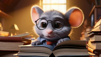 Studious Mouse with Glasses. Cute animated mouse studying books with glasses on