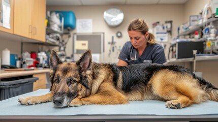 Veterinarian examines injured dog in a clean clinic with medical tools in the background during daylight hours